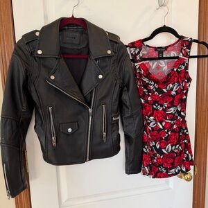 SET! BLANKNYC XS Black Faux Leather Moto Jacket + WHBM XXS NEW Floral Blouse